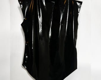 May include: A sleeveless, black bodysuit with a high, mock neck collar. The shiny, form-fitting garment is hanging on a white hanger against a white background. The bodysuit has a smooth, glossy finish.