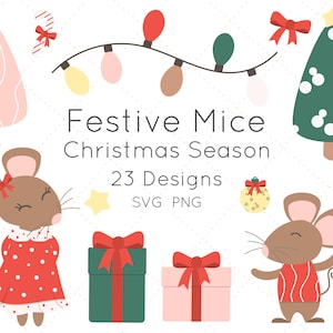 Festive mice clipart, Christmas mouse family, Holiday clipart, High-resolution PNG, SVG files, Transparent background, Christmas decoration