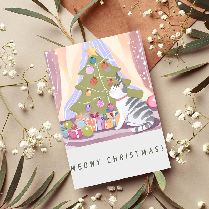 Funny Cat Christmas Card Meowy Christmas Printable Holiday Card Cat ...