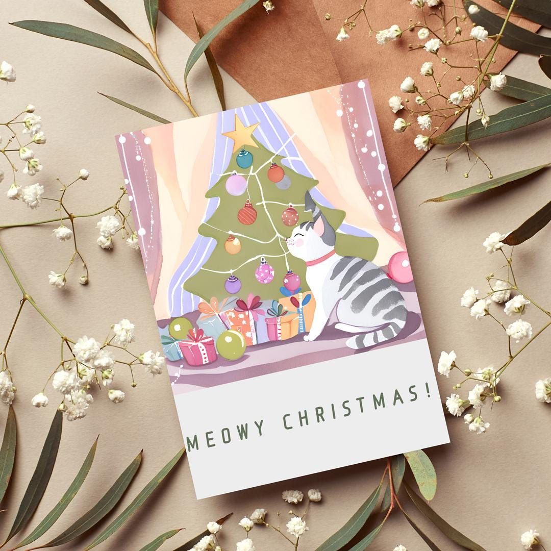 Funny Cat Christmas Card Meowy Christmas Printable Holiday Card Cat ...