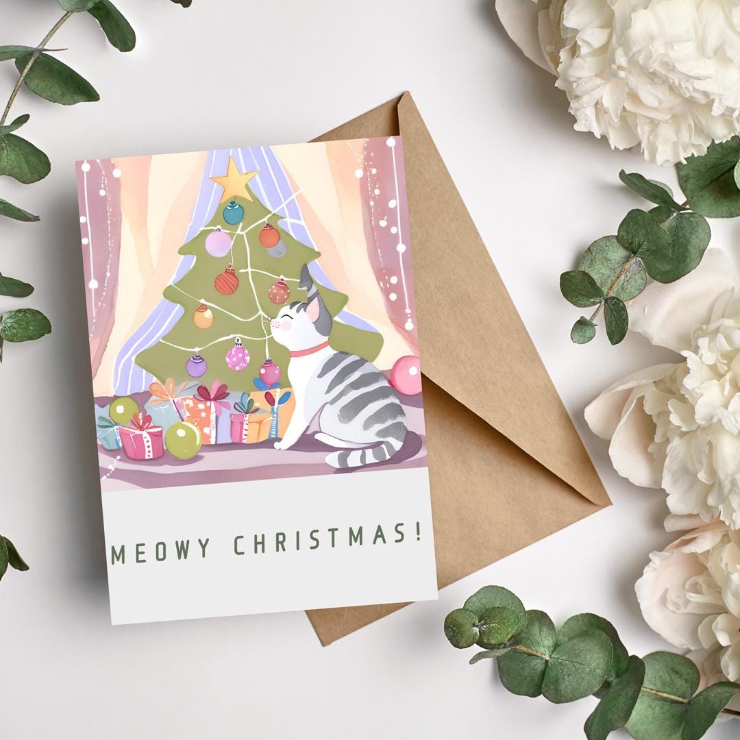 Funny Cat Christmas Card Meowy Christmas Printable Holiday Card Cat ...