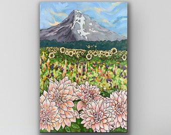 Jennifer's Garden- a field of flowers before Mt Hood in Oregon art print