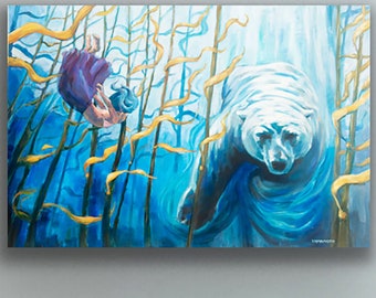 Arctic Poem - a polar bear swims with a girl art print