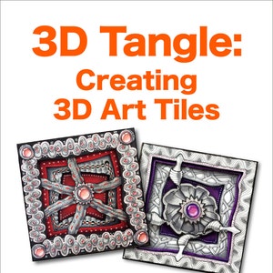 Op de afbeelding: Boekomslag met de titel "3D Tangle: Creating 3D Art Tiles" door Eni Oken. De omslag toont twee vierkante tegels met ingewikkelde zwart-wit ontwerpen, een met rode en roze accenten en de andere met paarse accenten. De tegels zijn gelaagd om een 3D-effect te creëren.