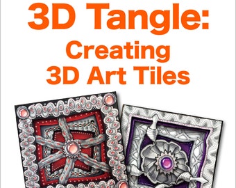 May include: Book cover featuring the title "3D Tangle: Creating 3D Art Tiles" by Eni Oken. The cover showcases two square tiles with intricate black and white designs, one with red and pink accents and the other with purple accents. The tiles are layered to create a 3D effect.