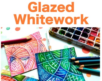 Puede incluir: Tres acuarelas sobre papel blanco con diseños geométricos coloridos. Las pinturas están rodeadas de acuarelas, lápices y un fondo blanco con lunares rojos. El texto "Glazed Whitework Ebook" está en la parte superior de la imagen.