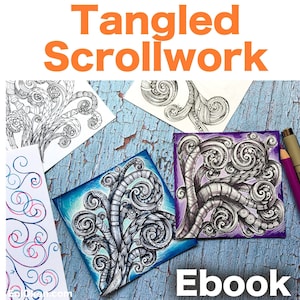 Pode incluir: Um ebook digital intitulado "Tangled Scrollwork" com um fundo azul e uma ilustração em preto e branco de um desenho de volutas. A capa do ebook também apresenta um fundo roxo com um desenho de volutas semelhante.