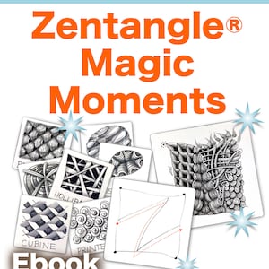 以下が含まれることがあります： オレンジ色のテキストで「Zentangle Magic Moments」というタイトルの電子書籍の表紙。表紙には、さまざまな白黒のゼンタングルアートタイルがあり、下部に「Ebook」という単語があります。ウェブサイトのアドレスEniOken.comも表示されています。