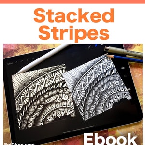Könnte beinhalten: Ein digitales Zeichentablett, auf dem eine Schwarzweißillustration eines Mandalamusters mit dem Text "Stacked Stripes" und "EniOken.com" zu sehen ist.