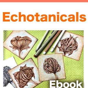 Puede incluir: Cuatro azulejos cuadrados con intrincados dibujos de flores estilizadas en marrón y blanco. Los azulejos están sobre un fondo verde con lunares blancos. El texto "Echotanicals" está en la parte superior de la imagen y "Ebook" en la parte inferior.