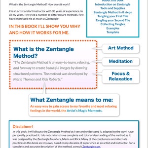 May include: A book page with the title "About this book" and information on the Zentangle Method. The page includes a table of contents, definitions, and a disclaimer. The book is about art and relaxation.