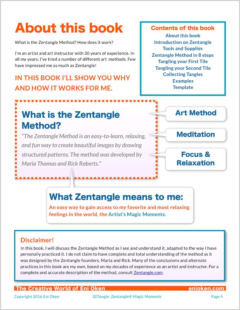 May include: A book page with the title "About this book" and information on the Zentangle Method. The page includes a table of contents, definitions, and a disclaimer. The book is about art and relaxation.