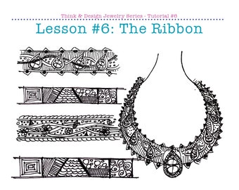 May include: Black and white line drawing of a ribbon design for jewelry. The drawing shows four different variations of the ribbon design, including a necklace.