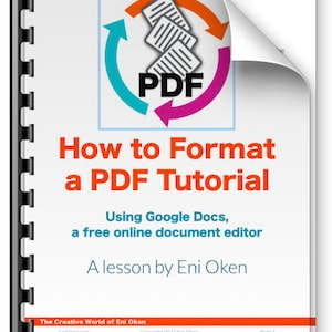 Könnte beinhalten: Eine Titelseite für ein PDF-Tutorial zum Formatieren eines PDF-Dokuments mit Google Docs, einem kostenlosen Online-Dokumenteneditor. Die Titelseite zeigt ein farbiges Symbol eines PDF-Dokuments mit einem kreisförmigen Pfeil darum. Der Titel des Tutorials lautet "Wie man ein PDF-Tutorial formatiert" und der Untertitel lautet "Mit Google Docs, einem kostenlosen Online-Dokumenteneditor". Der Autor des Tutorials ist Eni Oken.