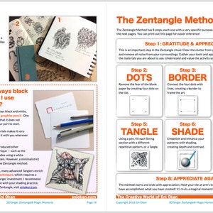 May include: A two-page spread from "The Creative World of Eni Oken" features instructions for the Zentangle Method. The left page discusses sketching journals and the use of colored pencils. The right page details the 8 steps of the Zentangle Method.