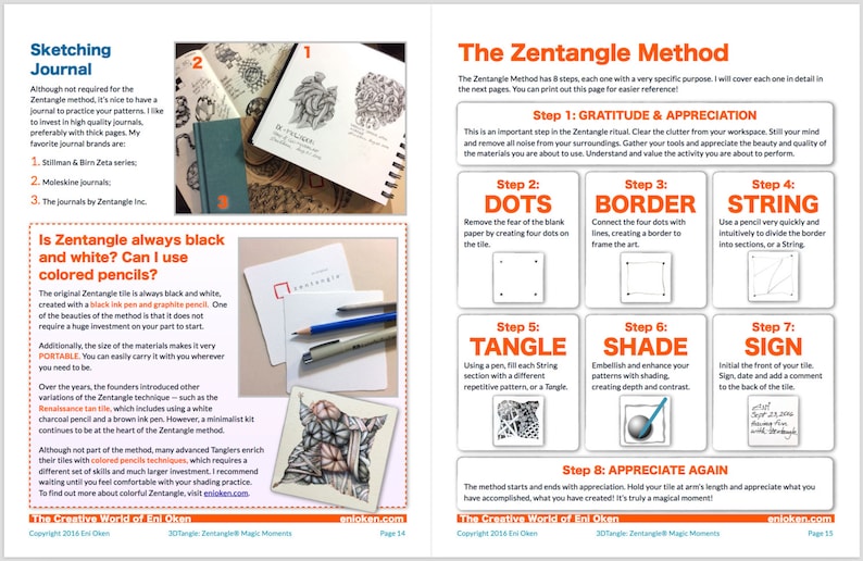May include: A two-page spread from "The Creative World of Eni Oken" features instructions for the Zentangle Method. The left page discusses sketching journals and the use of colored pencils. The right page details the 8 steps of the Zentangle Method.