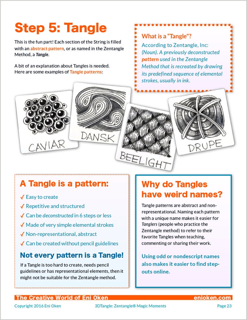 May include: Page from a book titled "3DTangle: Zentangle Magic Moments" by Eni Oken. The page features the title "Step 5: Tangle" and explains what a tangle is, with examples like "Caviar" and "Dansk".