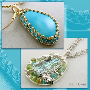 May include: Two turquoise and green gemstone pendants with intricate wirework designs. The top pendant features a smooth turquoise stone surrounded by gold wire. The bottom pendant features a green abalone shell with green gemstones and silver wire.
