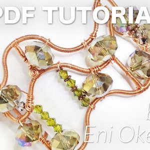 May include: A copper wire bracelet with green and gold glass beads. The bracelet is made with a woven wire design. The image includes the text "PDF TUTORIAL by Eni Oken".