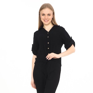 Black 100% Cotton Textured Voile Tie-Front Blouse with 3/4 Sleeves