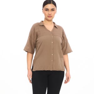 Brown 100% Cotton Voile Button-Up Shirt - Collared Women’s Blouse