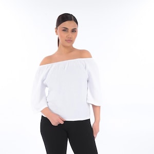 White Elasticated Open-Neck 100% Cotton Muslin Blouse with 3/4 Sleeves