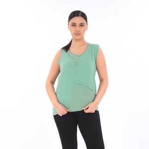 Green Muslin Cotton Blouse with Sheer Stripe Detail, Sleeveless Frayed Top, 100% Cotton, Plus Size
