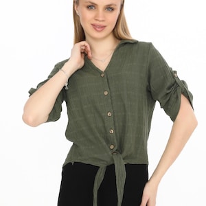 Green 100% Cotton Textured Voile Tie-Front Blouse with 3/4 Sleeves