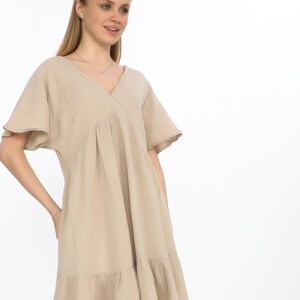 Stone Beige Muslin Cotton Wrap Dress - Short Sleeve, Pleated, 100% Cotton