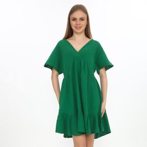 Green Muslin Cotton Wrap Dress - Short Sleeve, Pleated, 100% Cotton