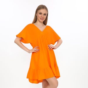 Orange Muslin Cotton Wrap Dress - Short Sleeve, Pleated, 100% Cotton