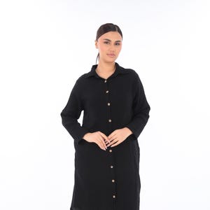 Black Muslin Cotton Midi Shirt Dress - Long Sleeve, Hidden Pockets, 100% Cotton