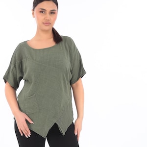 Green Cotton Blouse with Mesh Details - Cross Front Short Sleeve Top with Pocket