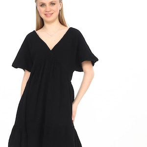 Black Muslin Cotton Wrap Dress - Short Sleeve, Pleated, 100% Cotton