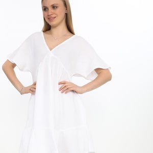 White Muslin Cotton Wrap Dress - Short Sleeve, Pleated, 100% Cotton