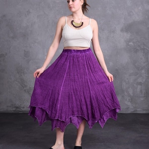 Paarse, 100% katoenen, gevoerde midirok met elastische taille - Outfit in bohostijl