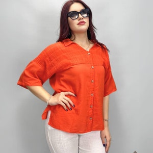 Orange 100% Cotton Voile Button-Up Shirt - Collared Women’s Blouse