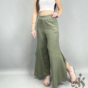 Green Wide Leg Slit Boho Pants - Elastic Waist 100% Cotton Trousers for Women