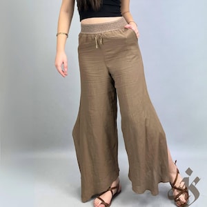 Brown Wide Leg Slit Boho Pants - Elastic Waist 100% Cotton Trousers for Women