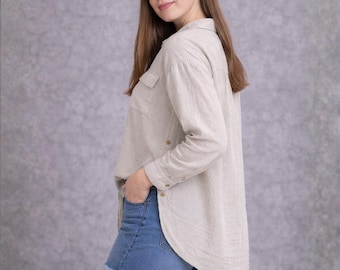 Women's Button Side Long Sleeve 100% Cotton Shirt - Casual Collared Top