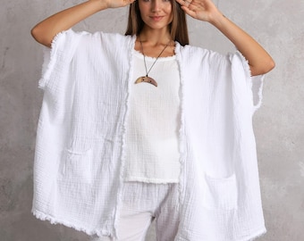Poncho de muselina de algodón blanco – Capa bohemia de corte ancho – 100 % algodón, ligero y fresco