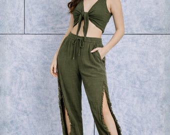 Pantalones de muselina de algodón con abertura – Pantalones anchos Smyrna – Pantalones bohemios de verano – Cintura elástica