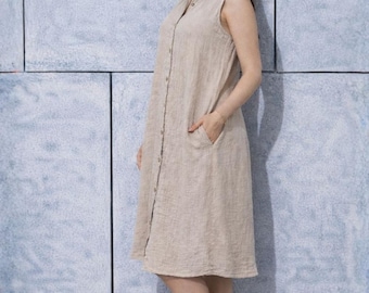 Sleeveless Cotton Shirt Dress, Boho Button Down Summer Dress