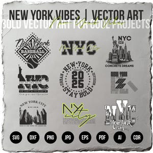Könnte beinhalten: Eine Sammlung von Vektor-Art-Designs zum Thema New York. Die Designs enthalten Textgrafiken mit den Wörtern "New York", "NYC" und "Baseball". Die Designs enthalten auch Bilder der Freiheitsstatue und Stadtpanoramen. Das Bild enthält Dateityp-Symbole.