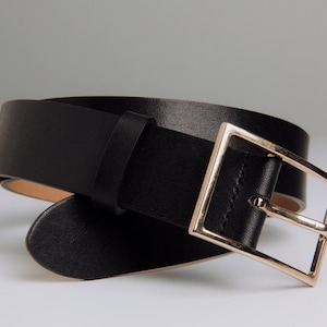 Handmade Black Leather Belt: Women&#39;s Jeans Belt with Metal Buckle