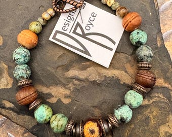 Beaded Bracelet with blue African Turquoise and olive wood beads