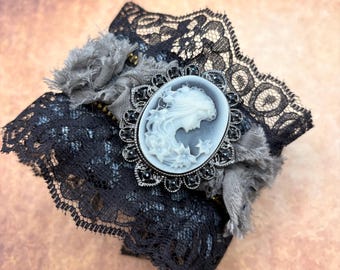 Cuff Bracelet with black lace and 70's vintage brooch