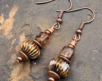 Dangle Earrings with Copper and Brown Glass