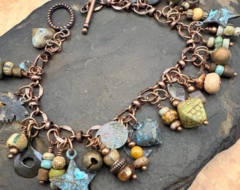 Handmade Charm Bracelet: Brass Patina, Gemstone, Czech Beads, Toggle Clasp