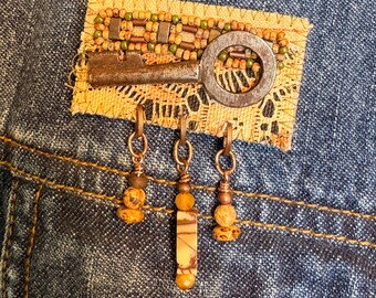 Textile Art Brooch, Vintage Key, Beadwork, Jasper Gemstone Dangles